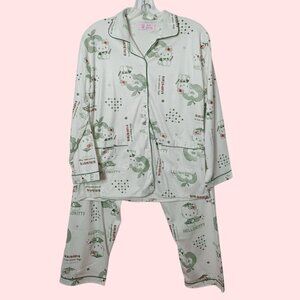 Hello Kitty Printed Pajama Set  Women Button-Up & Elastic Waist Pants Medium